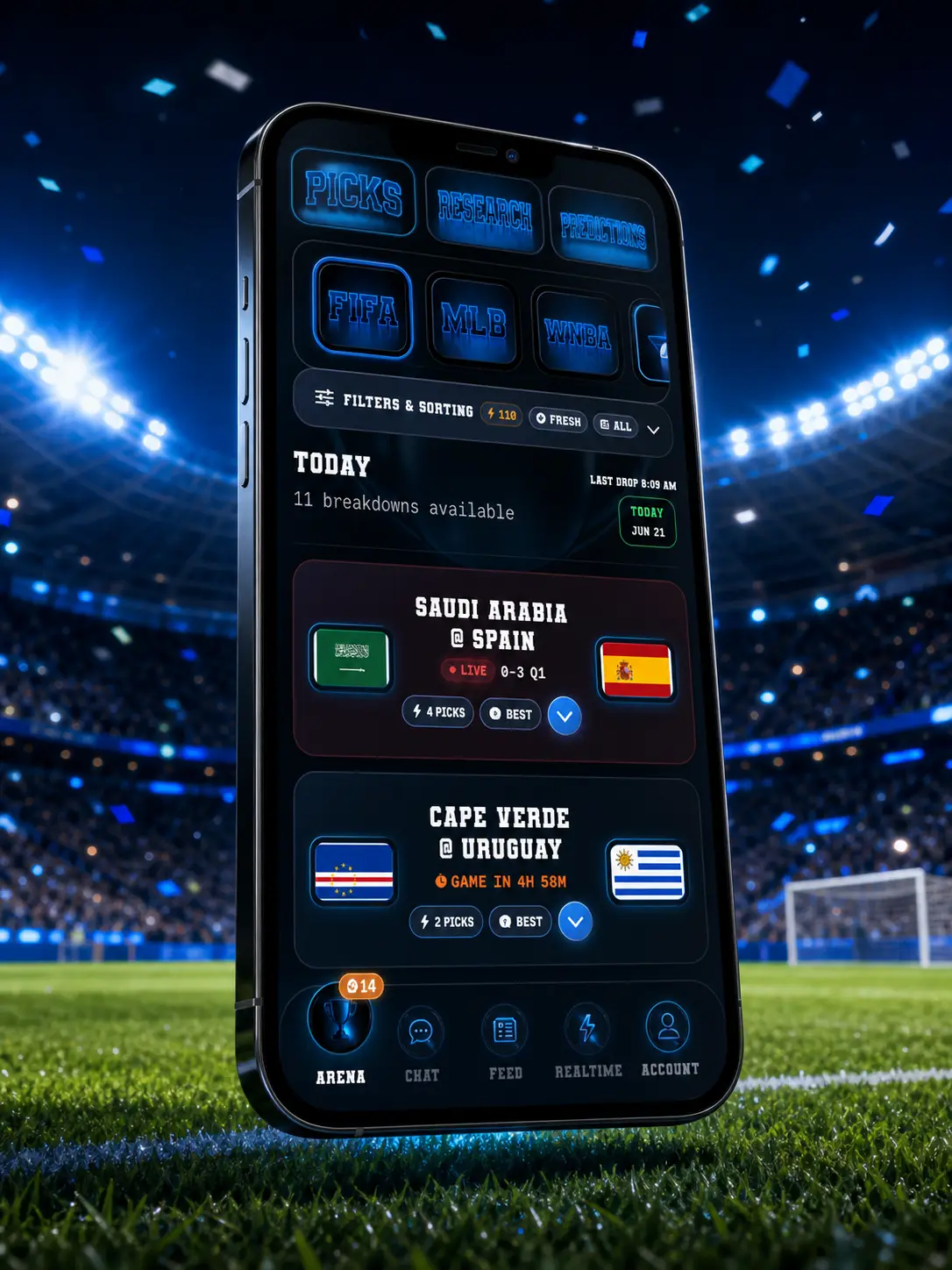 DeepChamp FIFA soccer market screen shown inside a cinematic iPhone scene on a floodlit soccer pitch