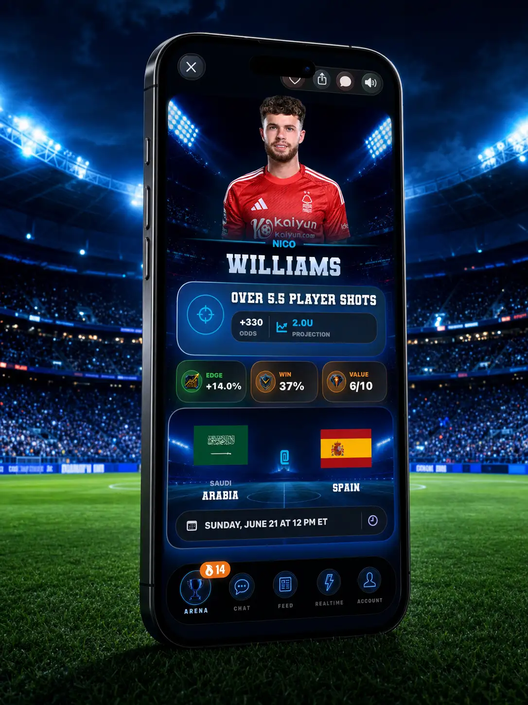 DeepChamp soccer player pick screen shown inside a cinematic iPhone scene on a floodlit soccer pitch